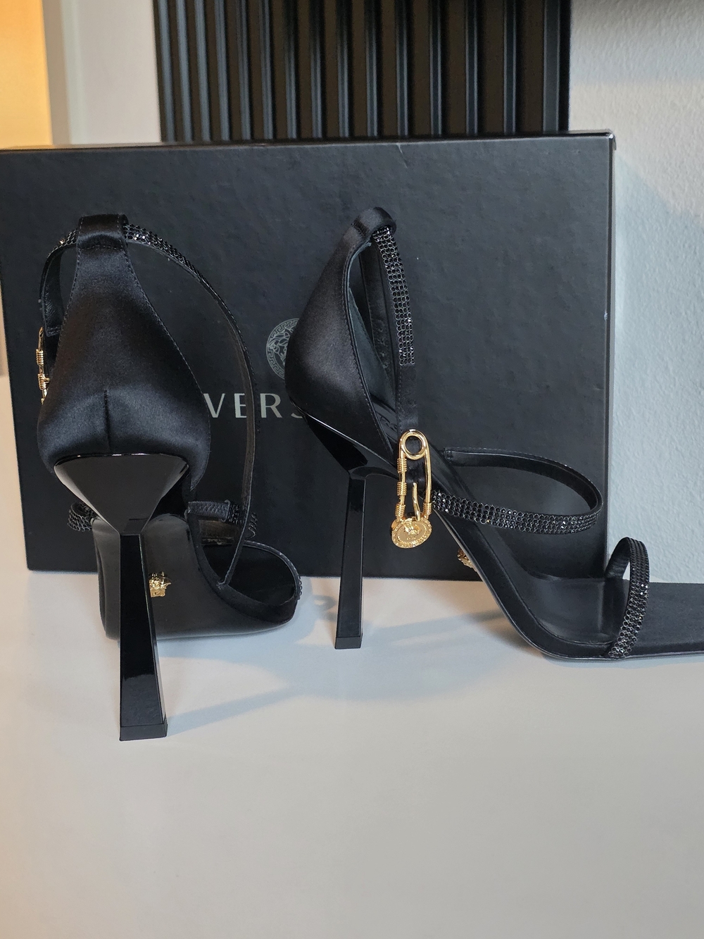 Versace Black Satin Crystal Strap High Heel Sandals - Picture 2 of 5
